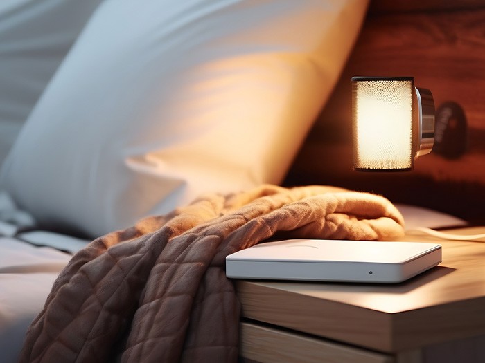 Stylish reading lamp floating above the nightstand.